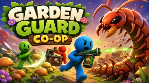 Garden Guard Co-op cover art: friends defending a garden from a giant centipede