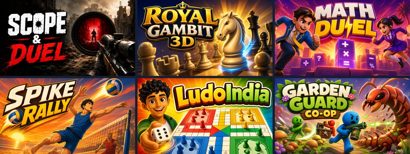 Cover art of six games made on Chatforce: Scope & Duel, Chess Play, Math Duel, Spike Rally, LudoIndia and Garden Guard Co-op