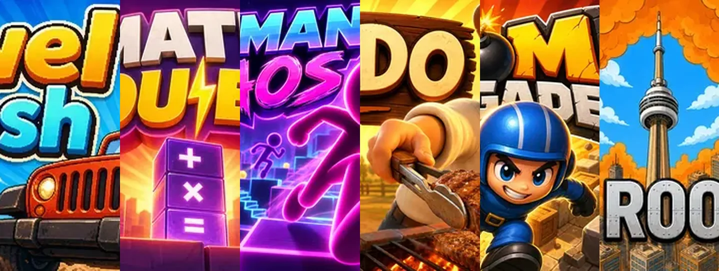 Cover art of six games made on Chatforce: Vowel Rush, Math Duel, Stickman Chaos, Asado, Boom Brigade and Sky Roomba